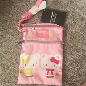 Loungefly Hello Kitty & Mimmy White Teddy Bear Passport Crossbody Bag